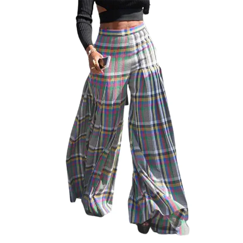 Tlbang Female Korean Fashion Pleated Loose Wide Leg Plaid Pants 2023 Spring Summer Casual Going Out Bottoms For Women
