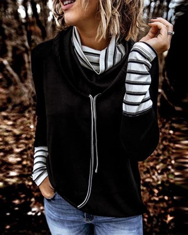 Black Cowl Collar Stripes Long Sleeve Cotton-Blend Shirts & Tops