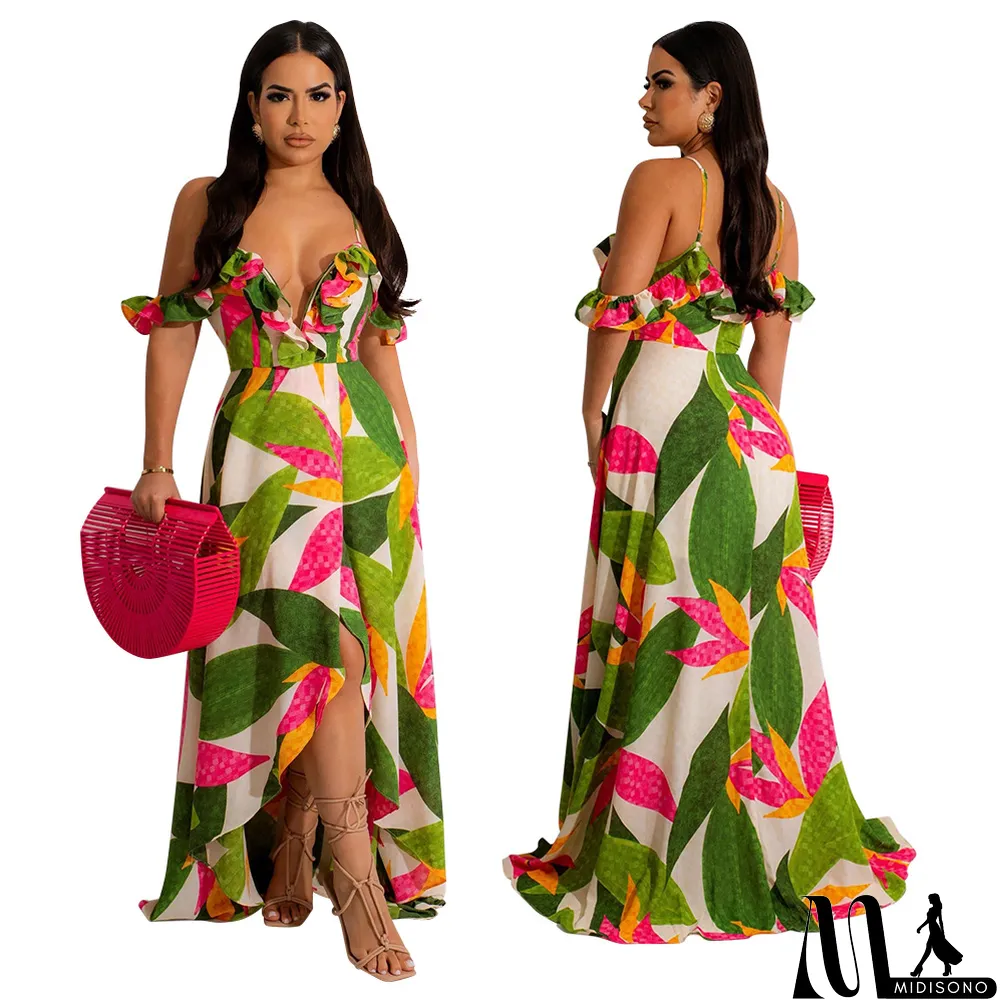 MidiSono - Sexy v-neck sling irregular print summer fashion dress