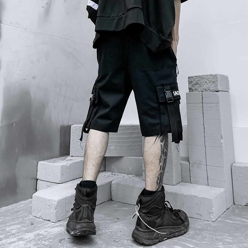 Black Casual Techwear Style Strapped Shell Buckle Drawstring Shorts ...