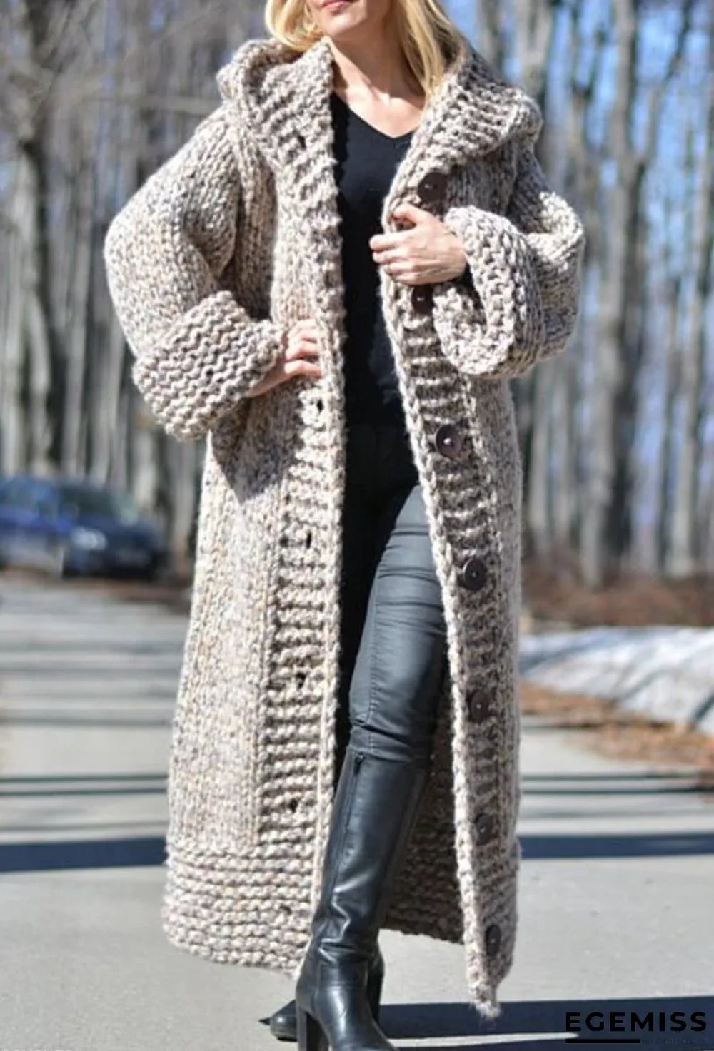 Chunky Knit Long Hooded Cardigan | EGEMISS
