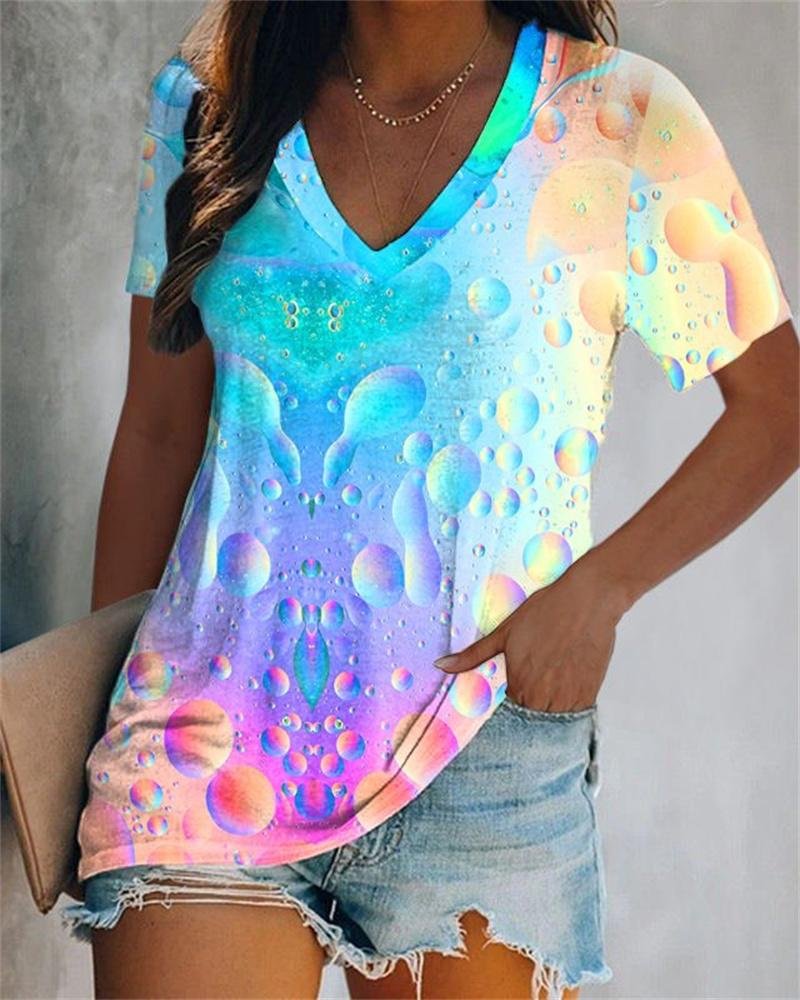 Casual V-Neck Printed Short Sleeve T-Shirt