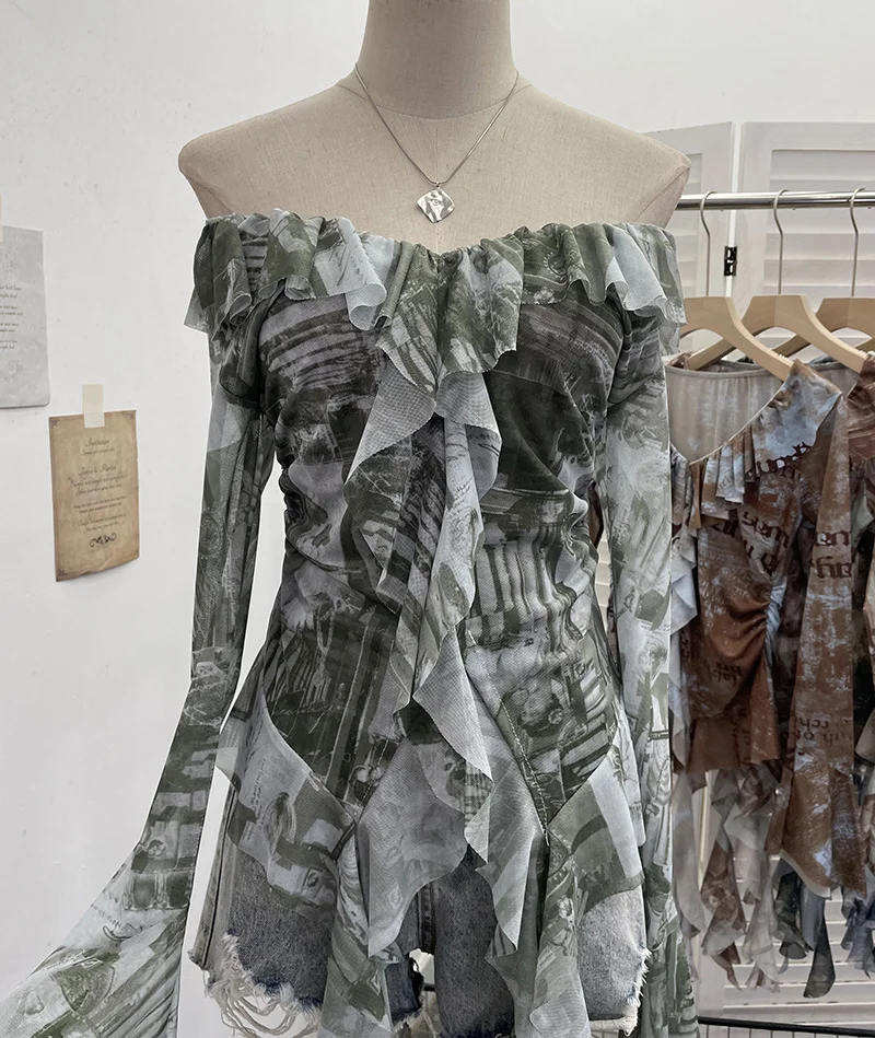 Nigikala Nigikala Shooting Retro Shoulder Tie-Dye Net Horn Long-Sleeved T-Shirt Irregular Lotus Leaf Side Ribbon Y2k Top 8012