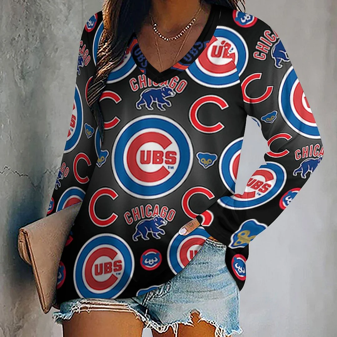 V-neck Long Sleeve Casual T-shirt for  Women and Men Printed with Pattern,Blue,Red
