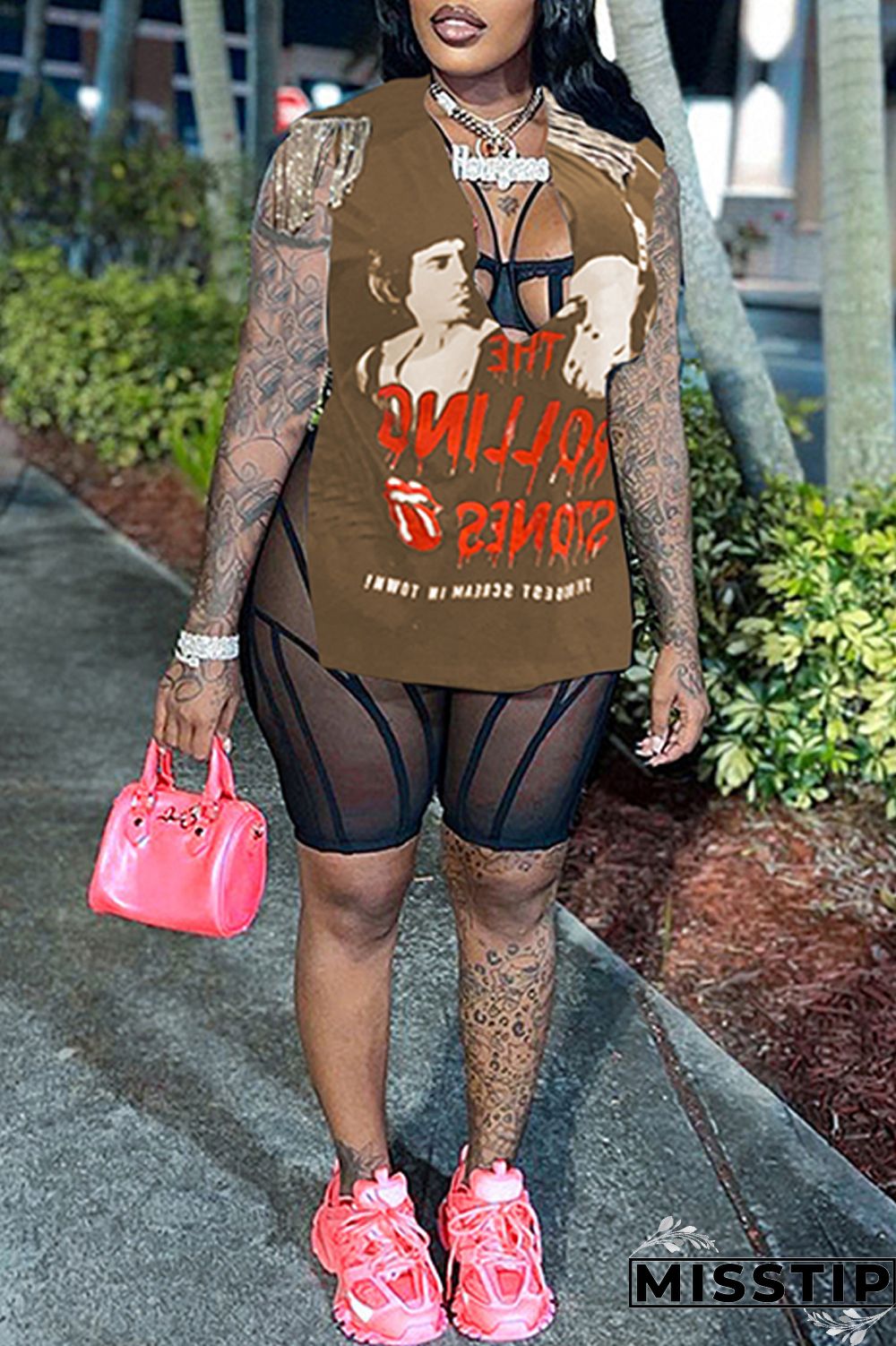 Brown Fashion Casual Print Tassel Patchwork V Neck T-Shirts