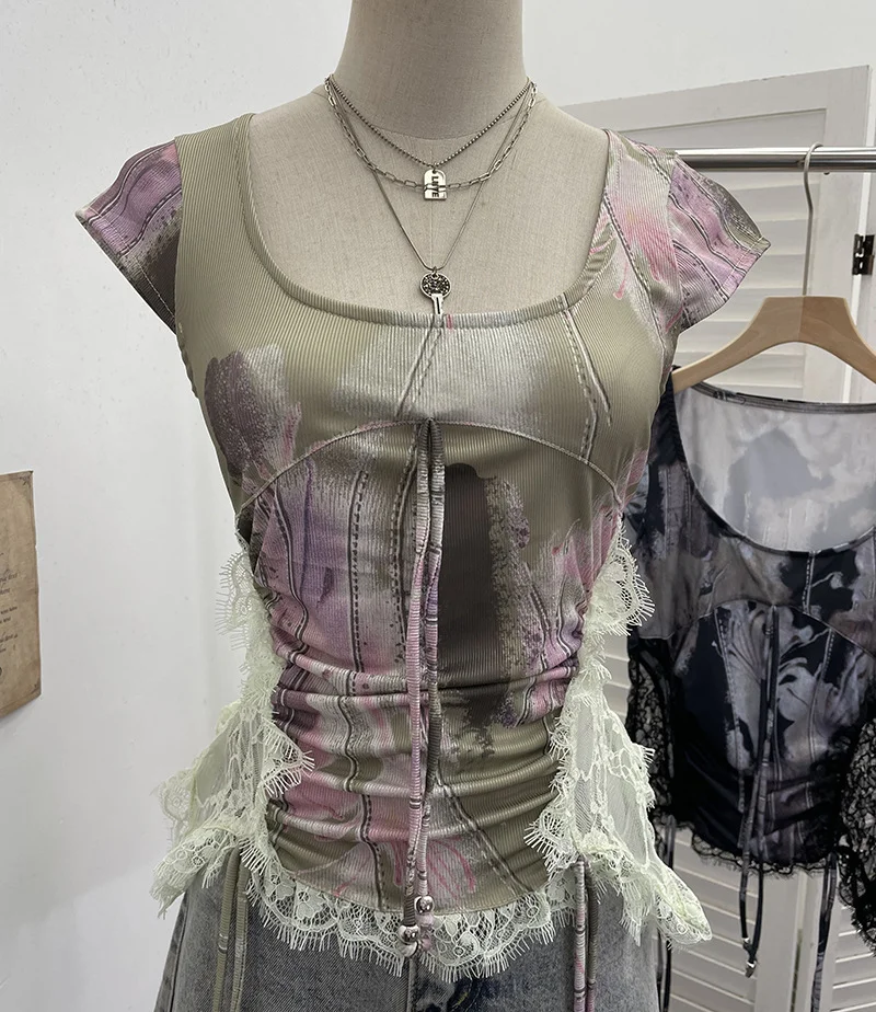 Nigikala Nigikala Industrial Lace Splicing Elastic Print With Bow Short-Sleeved T-Shirt 6185