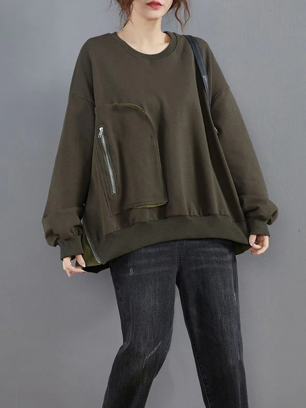 Solid Color Zipper Split-Joint Oversize Round-Neck Sweatshirt