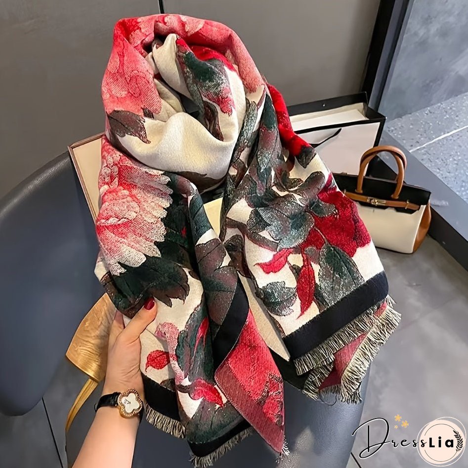 Vintage Floral Pattern Soft Shawl Scarf - Elegant, Warm, Fringe, Windproof, Coldproof, Autumn Winter Essential - Perfect for Outdoor Activities, Casual Wear, and Gift Giving