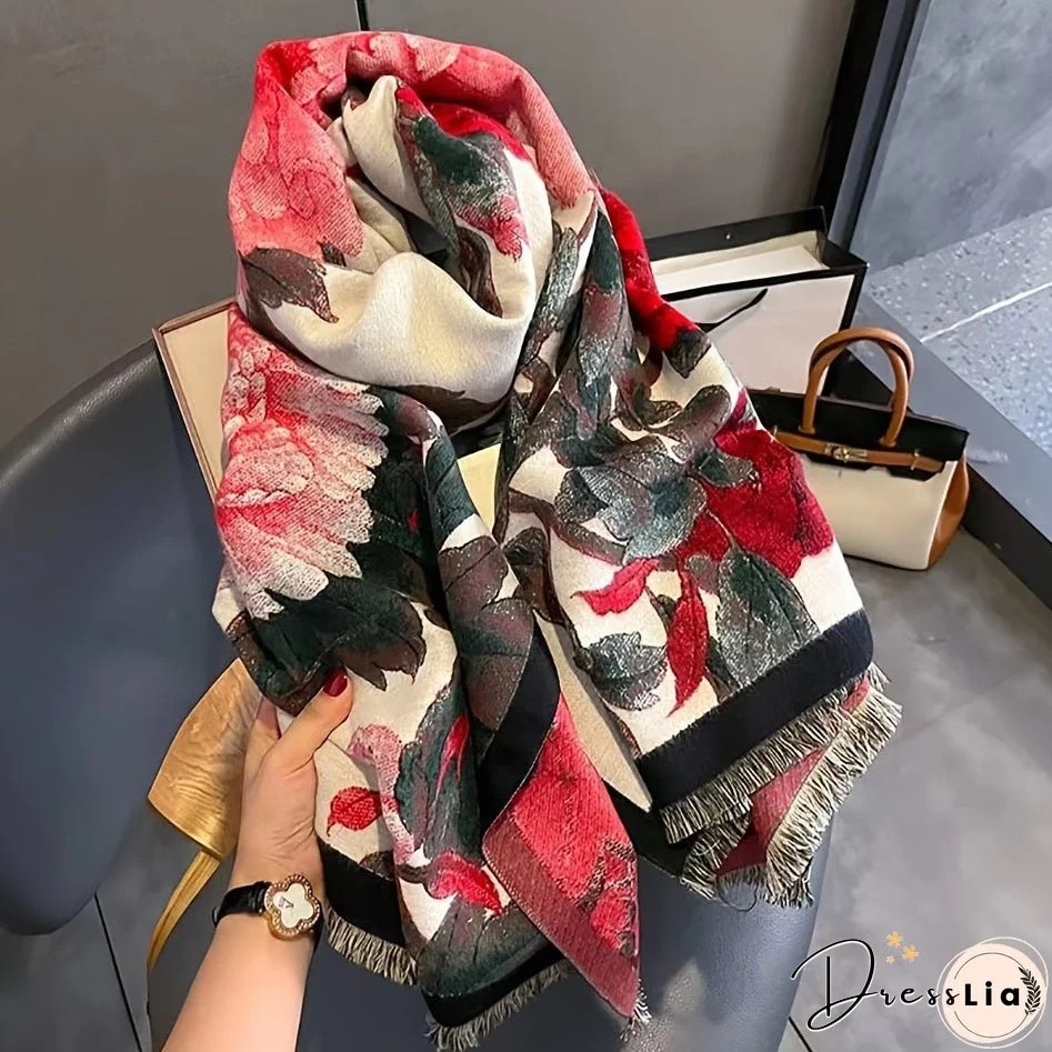 Vintage Floral Pattern Soft Shawl Scarf - Elegant, Warm, Fringe, Windproof, Coldproof, Autumn Winter Essential - Perfect for Outdoor Activities, Casual Wear, and Gift Giving