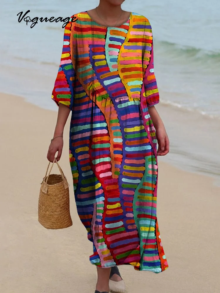 Fashion Line Stitching Printed Women's Casual Cotton And Linen Dress