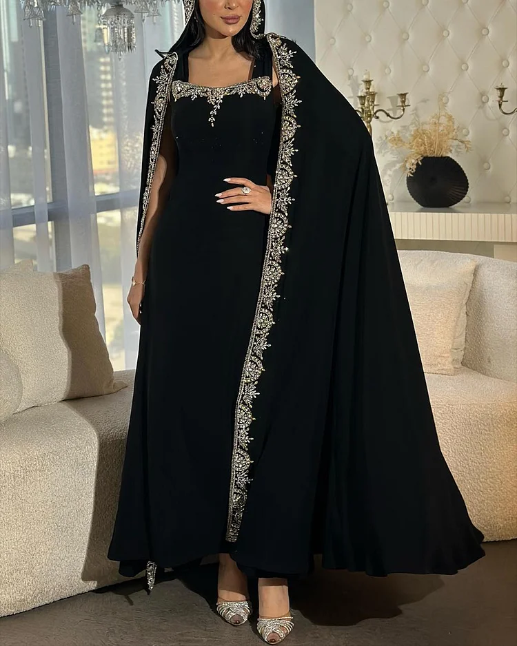 Women's Black Hooded Shawl Embroidered Dress