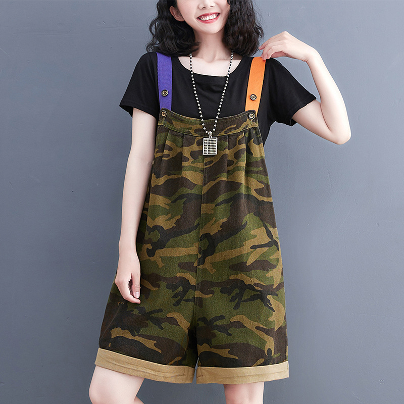 Loose Camo Denim Suspender Jumpsuit