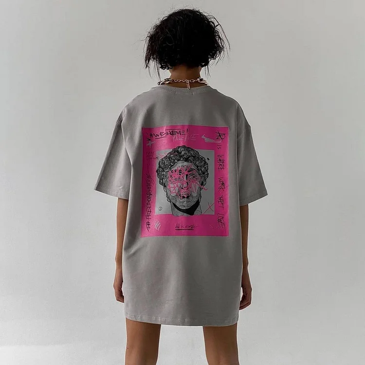 Printed Short-Sleeved T-Shirt Loose Cotton Oversize Top at Hiphopee