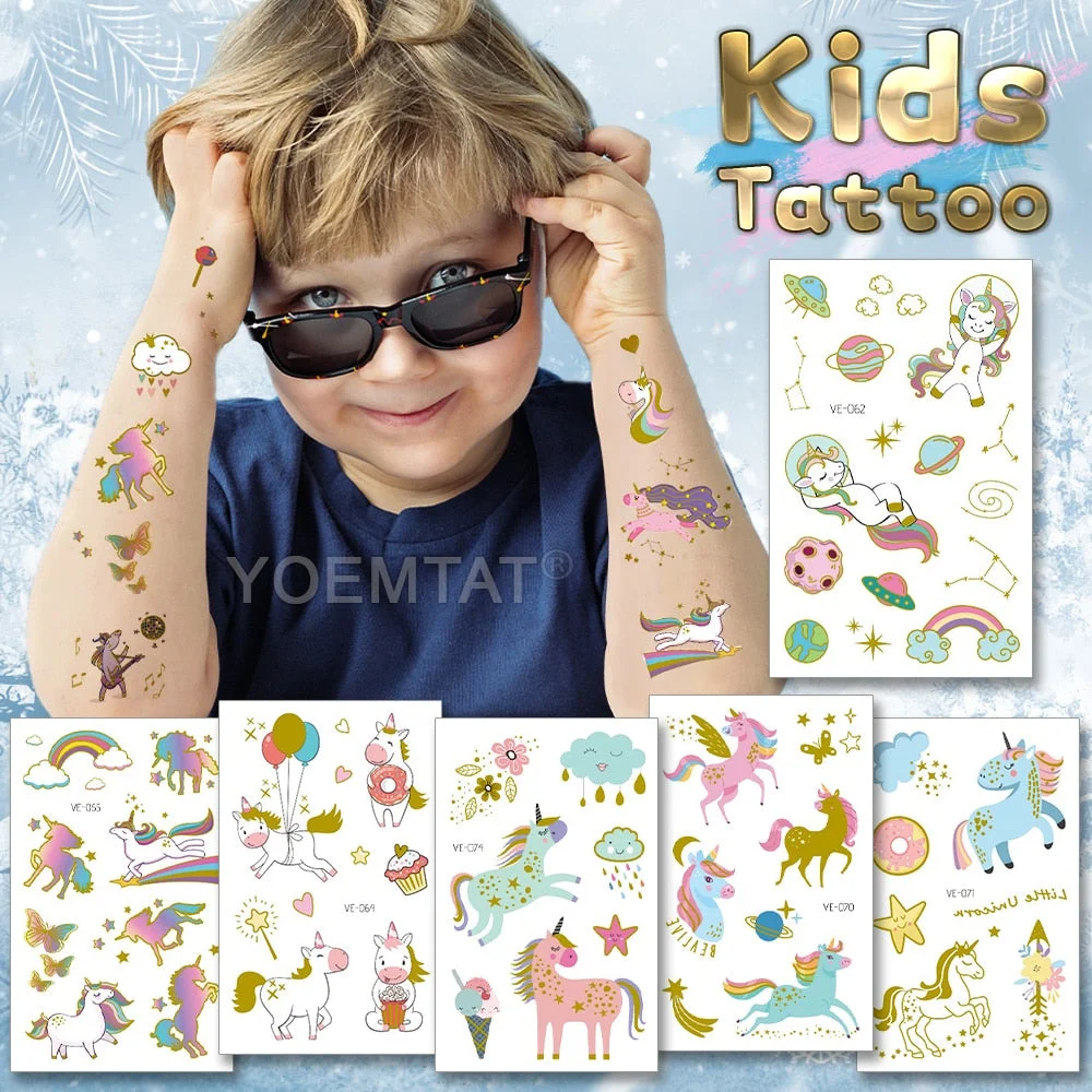 Unicorn Rainbow Waterproof Temporary Tattoo Sticker Children Gold Metal Flash Tattoo Body Art Face Painting Fake Tattoo