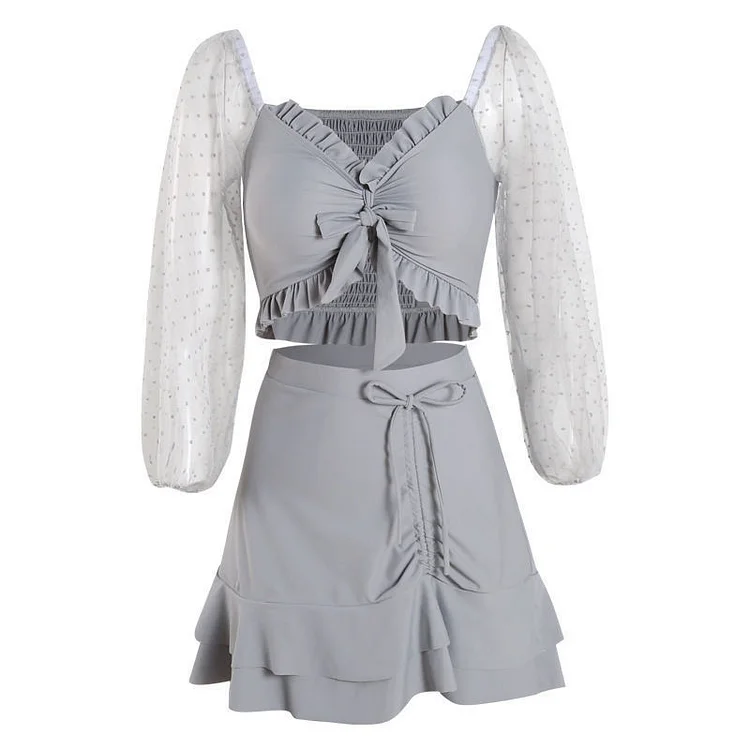 Mesh Sleeves Ruffle Two-Piece Swimwear  - Modakawa modakawa