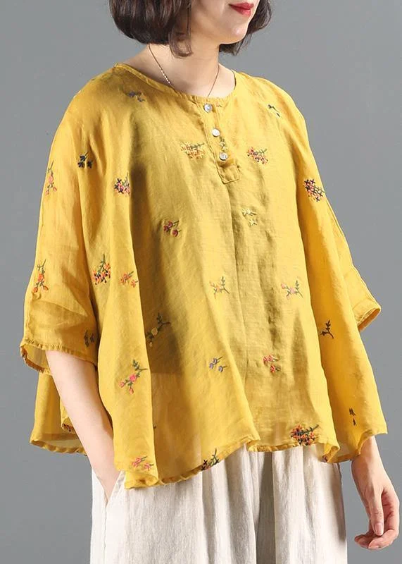 Women o neck Batwing Sleeve Tunic Wardrobes yellow embroidery blouses