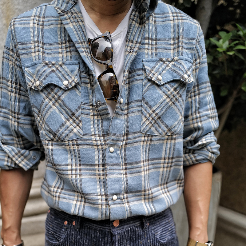 Classic Blue Plaid Milkstone Button Double Pocket Western Shirt