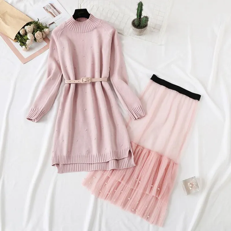 Elegant O-neck women knitted dress suits Autumn winter Long sleeve With belt Sweater tops + sweet Mesh skirt 2 pieces set women