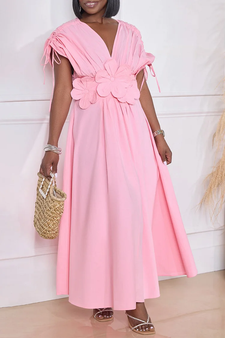 Plus Size Daily Pink Sundress V Neck 3D Floral Ruched Maxi Dresses [Pre-Order] 2024 - Xpluswear