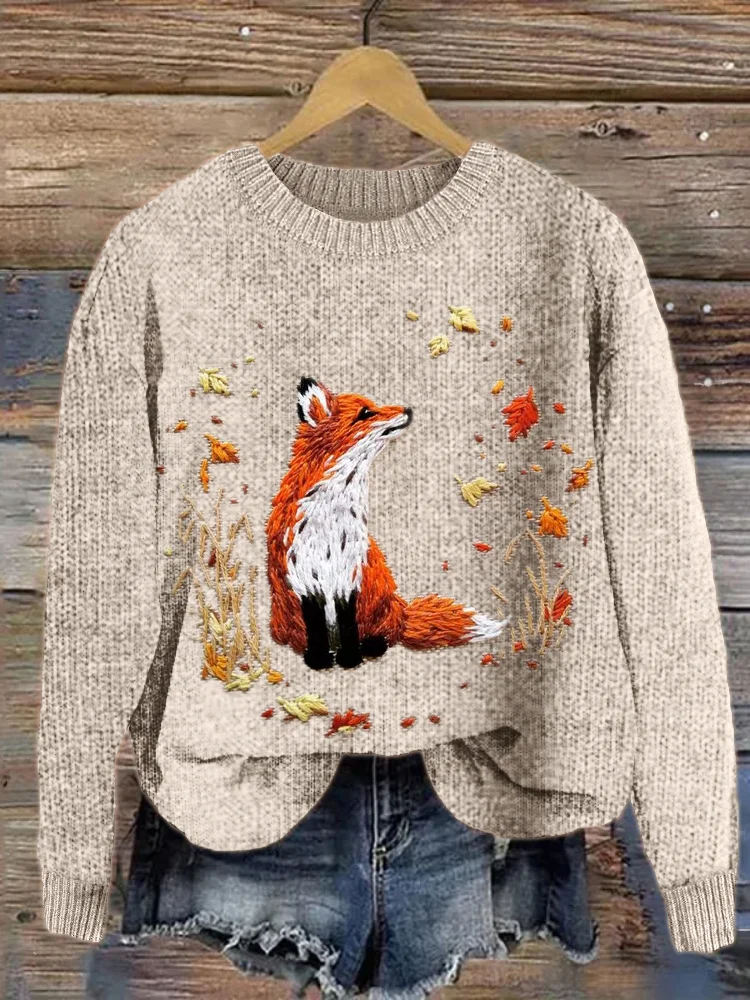 Fox & Falling Leaves Embroidery Art Cozy Knit Sweater