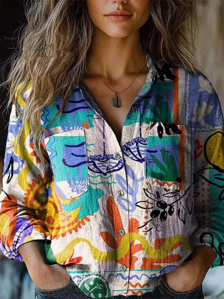 Women's Graffiti Art Print Casual Long Sleeve Comfortable Cotton Shirt