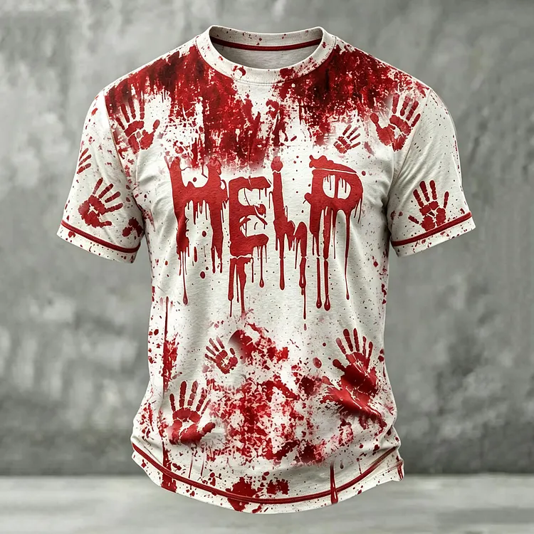Men's Retro Halloween Bloodstain Help Print Short-sleeve T-shirt
