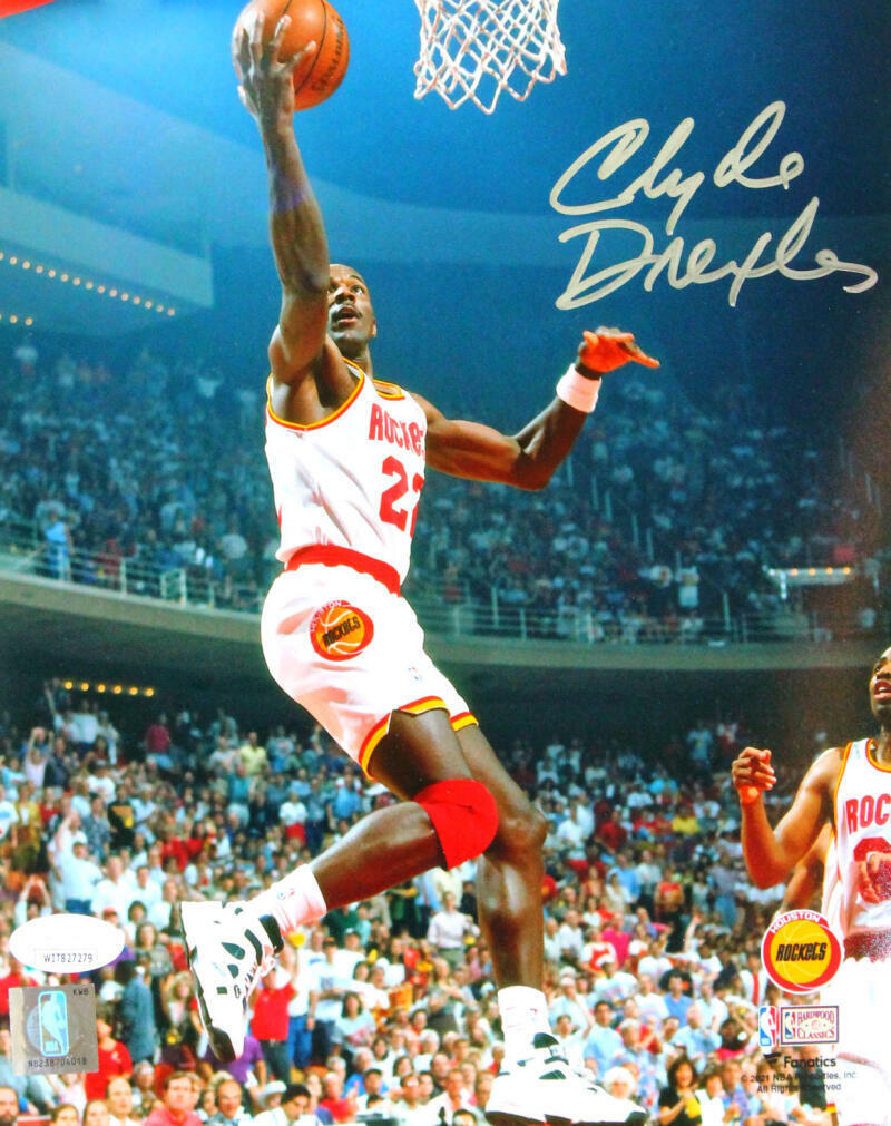 Clyde Drexler Autographed Houston Rockets 8x10 Lay Up Photo Poster painting- JSA W *Silver