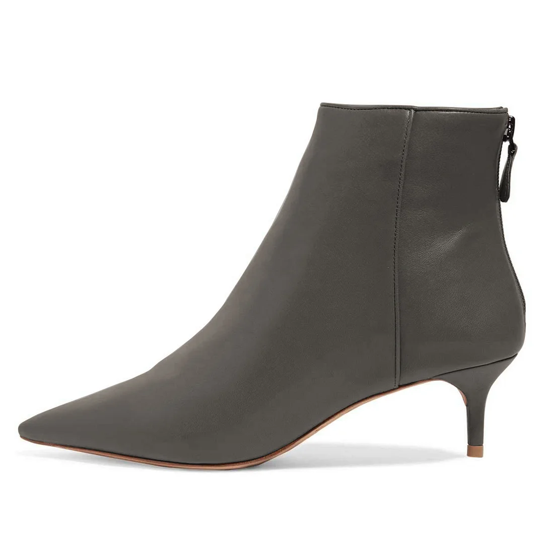 Gray Vegan Leather Pointed Kitten Heel Elegant Women's Ankle Boots