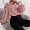 Chemise boutonnée en mousseline de soie à col montant pour femme