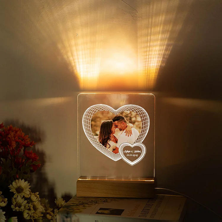 Kettenmachen Personalisierte Foto & 2 Name & Datum Herz Nachtlicht für Paare