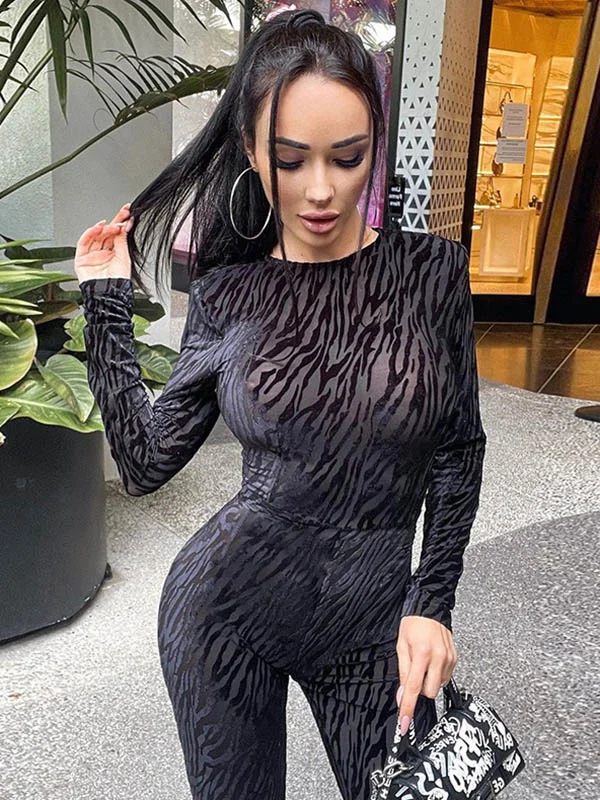 Print Long Sleeve Cropped Tight Yoga&Gym Jumpsuits