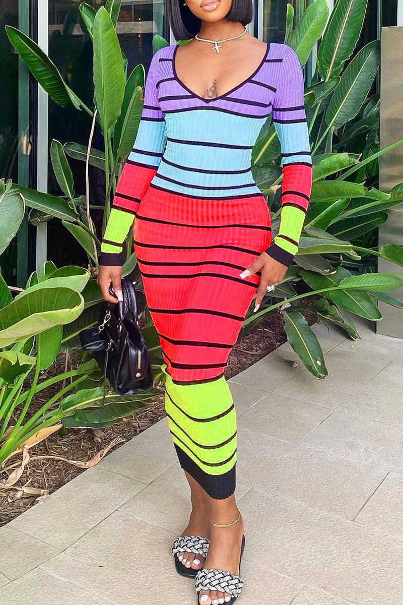 Sexy Striped Print Patchwork V Neck Pencil Skirt Dresses