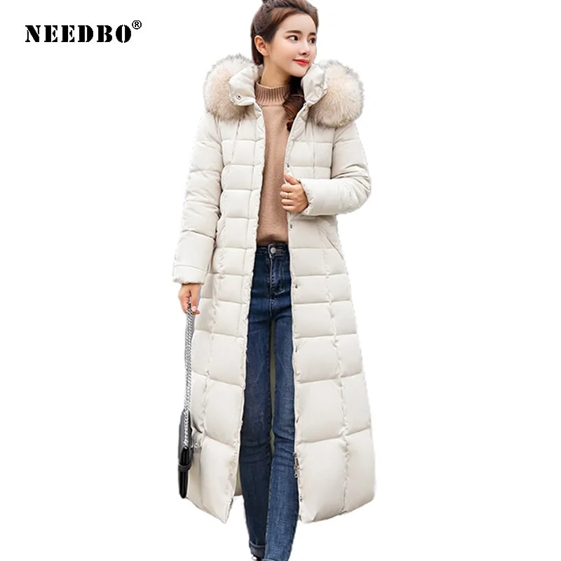 NEEDBO Winter Jacket Women with Fur Hood Plus Size Warm Long Winter Jacket and Coat for Women Doudoune Down Coat Lady Parka