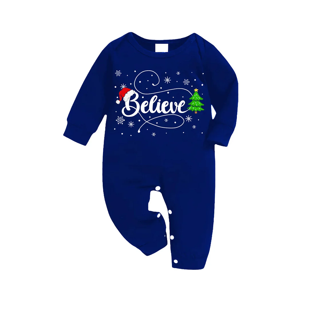 "Believe" in Snowflakes Blue Long Sleeves with Blue&White&Black Plaid Pants Family Matching Pajamas