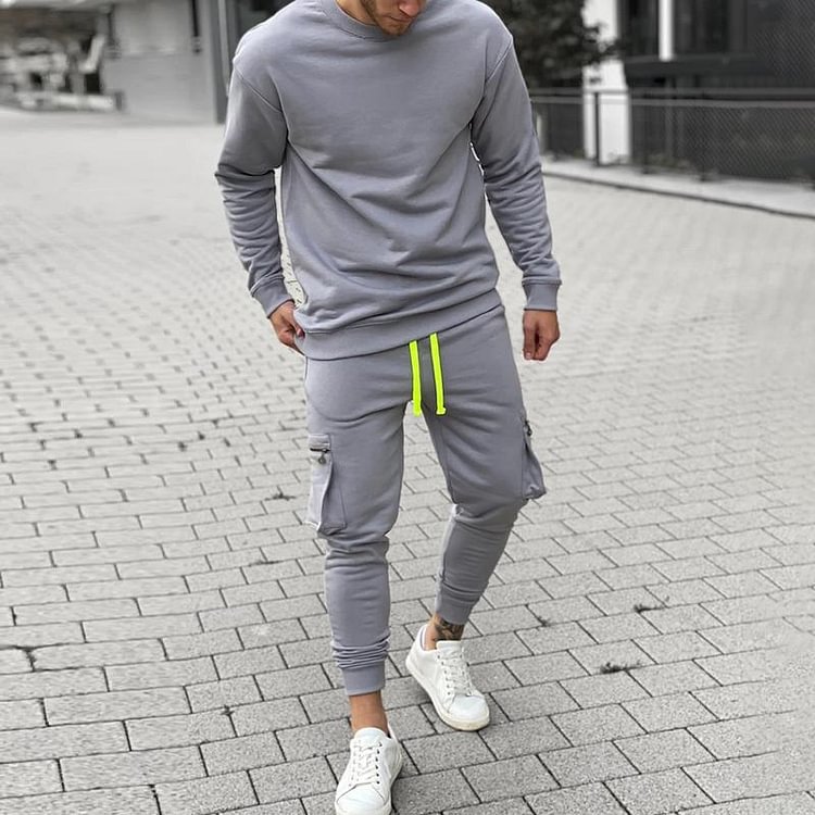 Round neck slim gray sports suit