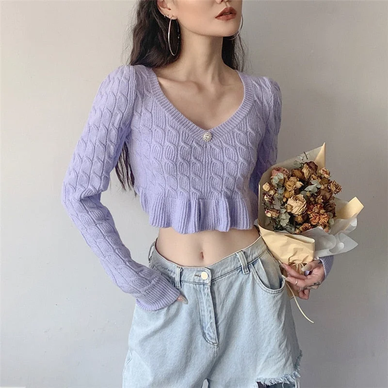 WannaThis Knit Crop Sweater V Neck For Women Ruffles Long Sleeve Waist Korean Fashion Slim Pullover Diamond Warm Jumper Autumn