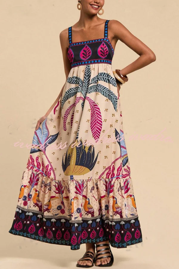 Bohemian Tropical Print Backless Casual Resort Maxi Dress