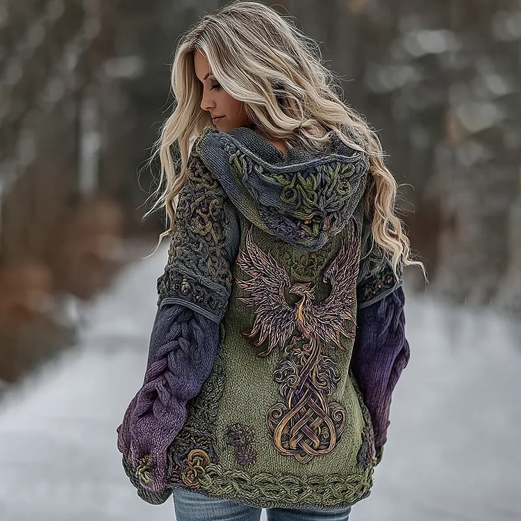 Women's Viking Myth Phoenix Embroidered Comfortable And Warm Hooded Sweater