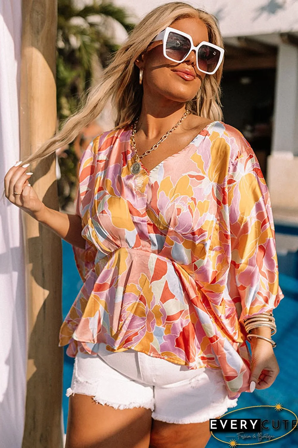 Orange Plus Size Floral Print V Neck Peplum Blouse