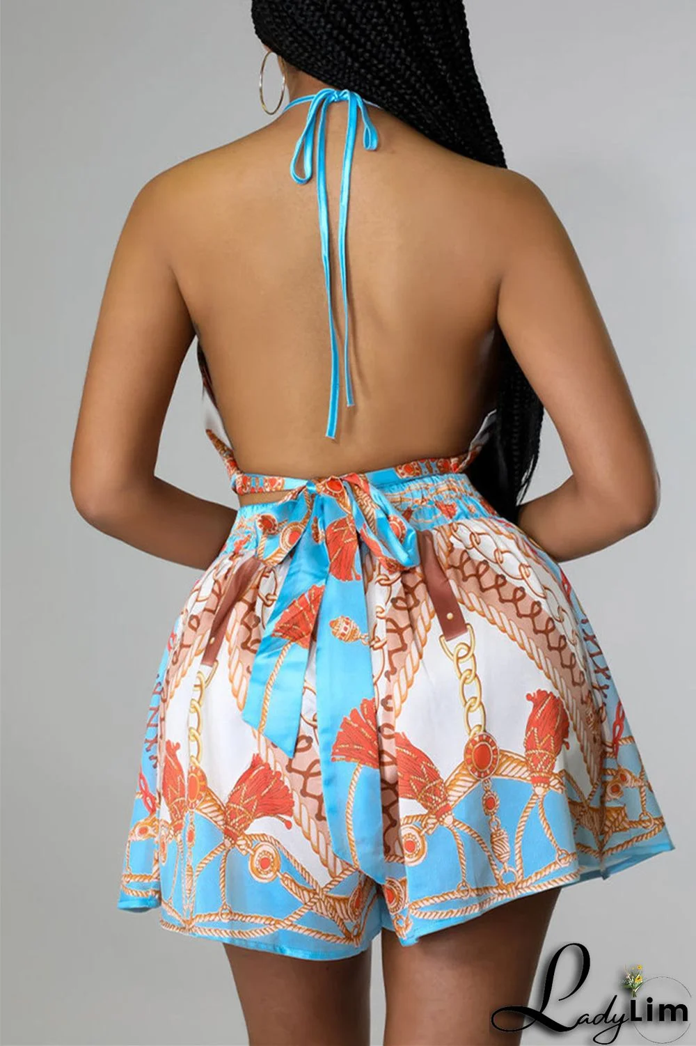 Blue Fashion Sexy Print Bandage Backless Halter Sleeveless Two Pieces