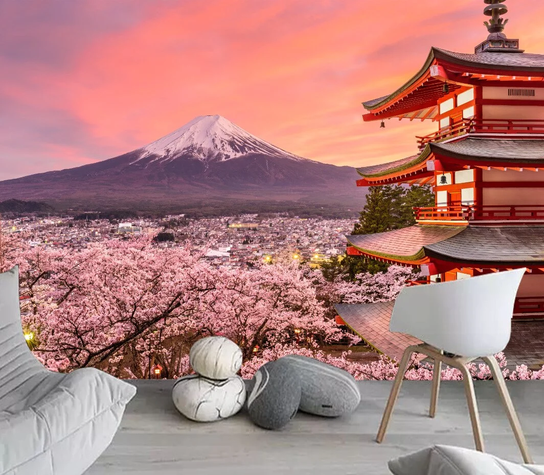 Japanese Cherry Blossoms Mount Fuji Landscape Wall Hanging Tapestry Ancient Palace With Moon Nature Scendry Home Wall Blanket