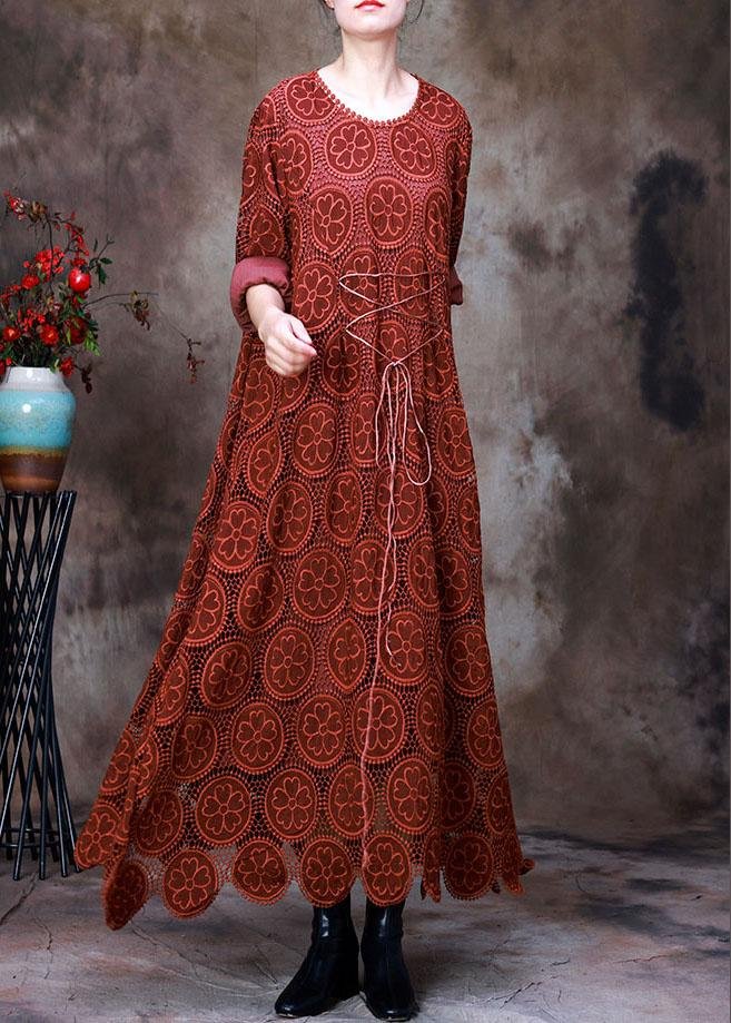 Vintage Orange Embroideried asymmetrical design Fall Dress Long sleeve