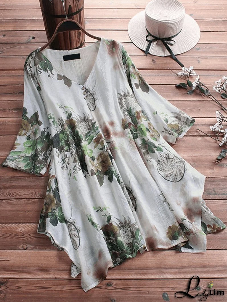 Women's Floral Printed Asymmetric Hem Blouse - Loose Fit, Retro Style