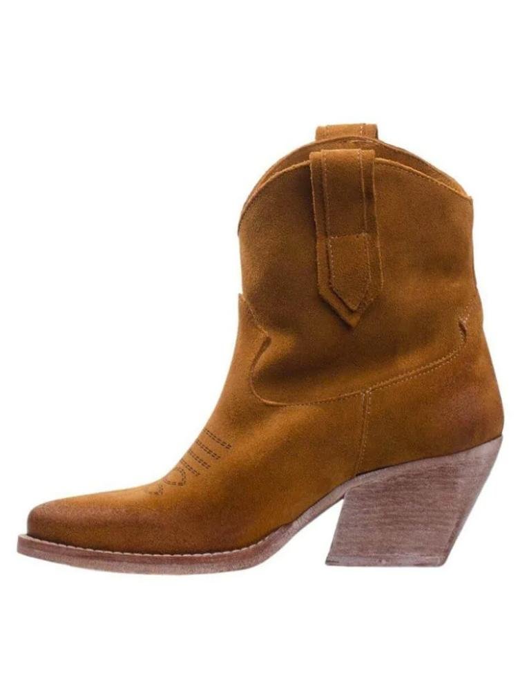 Tan Women's Cowboy Ankle Boots Faux Suede Embroidery Slanted Block Heel Cowgirl Booties
