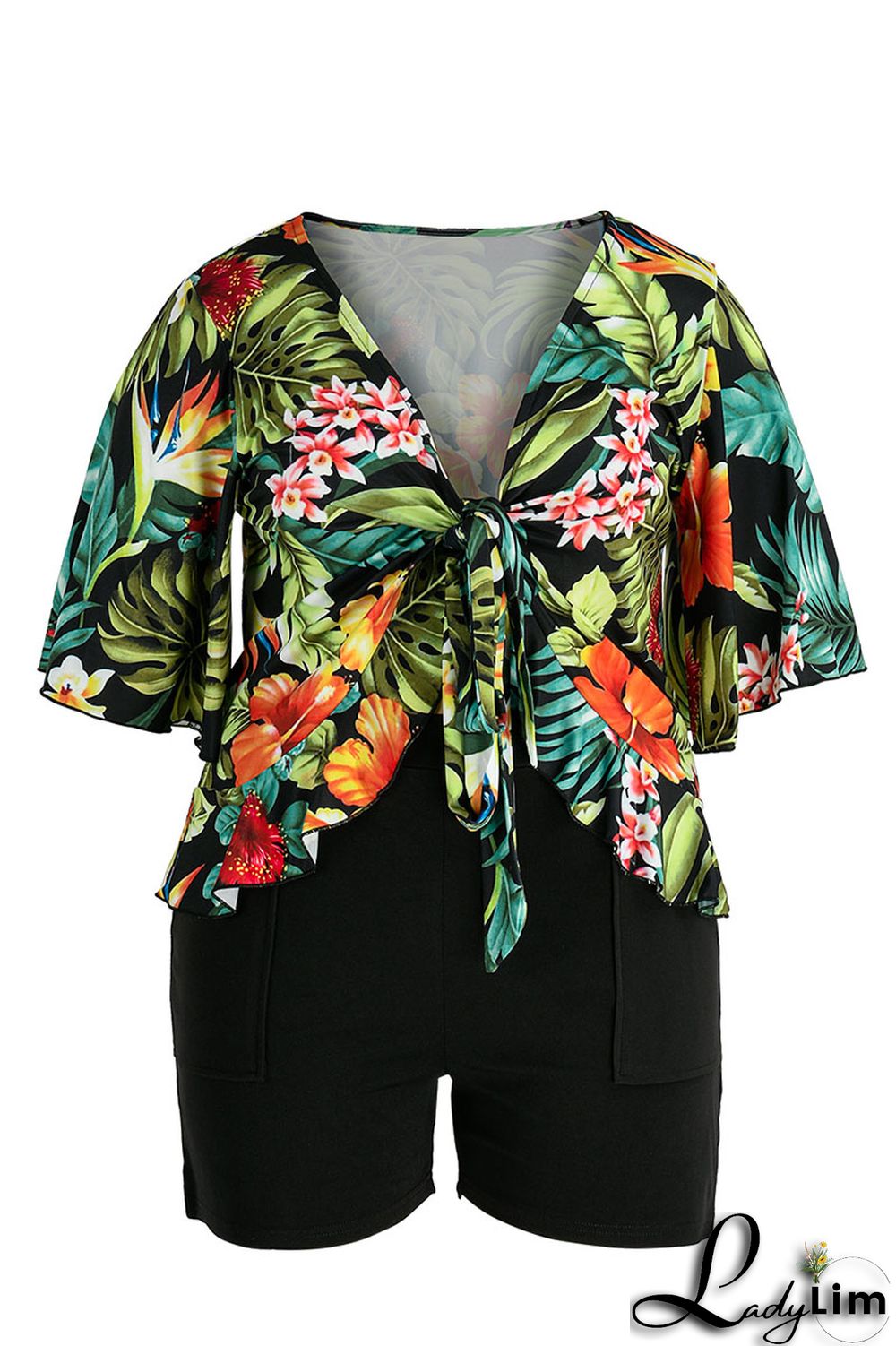 Green Casual Print Bandage Split Joint V Neck Plus Size Two Pieces