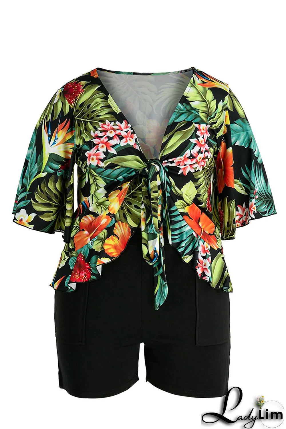 Green Casual Print Bandage Split Joint V Neck Plus Size Two Pieces