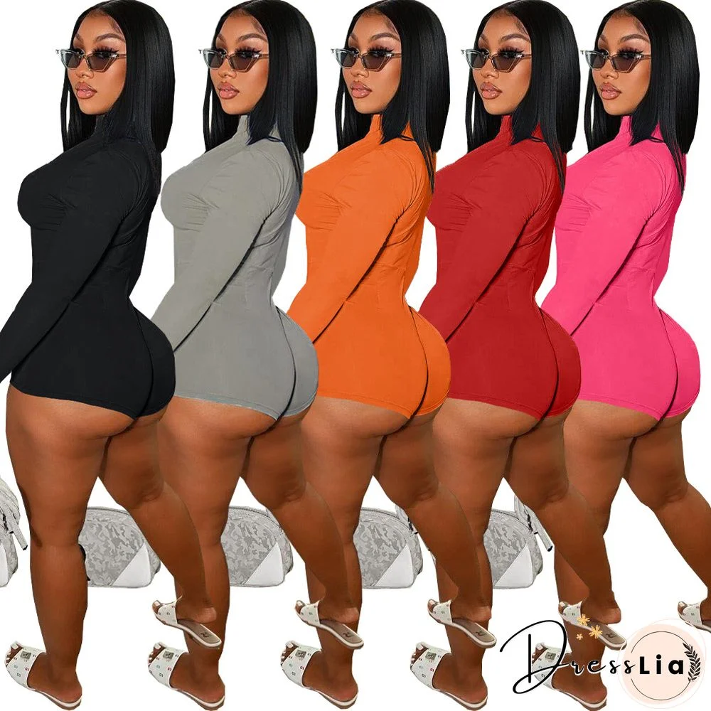 Solid Zipper Front Long Sleeve Bodycon Romper