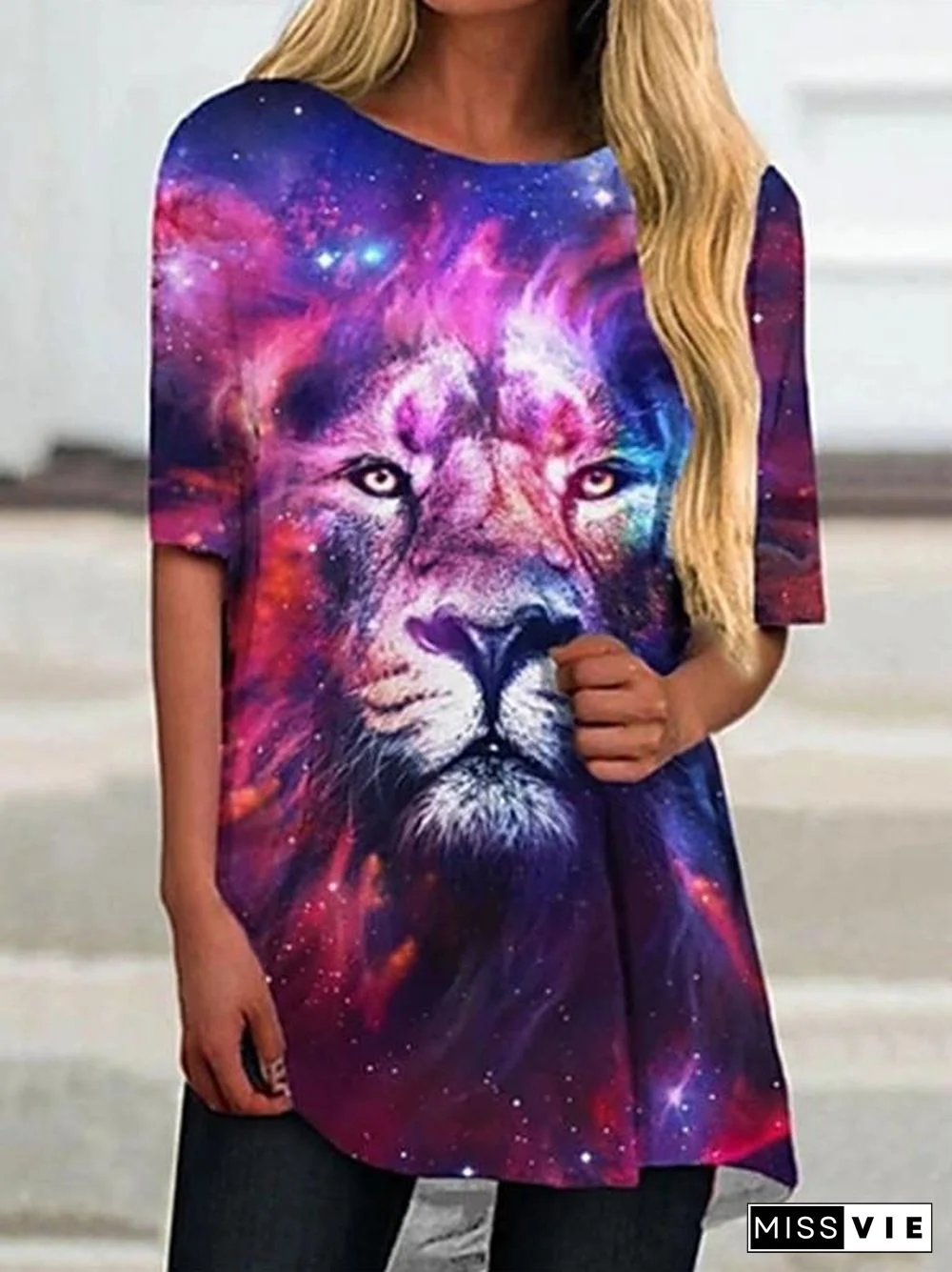 Women Short Sleeve Scoop Neck Animal Print Top