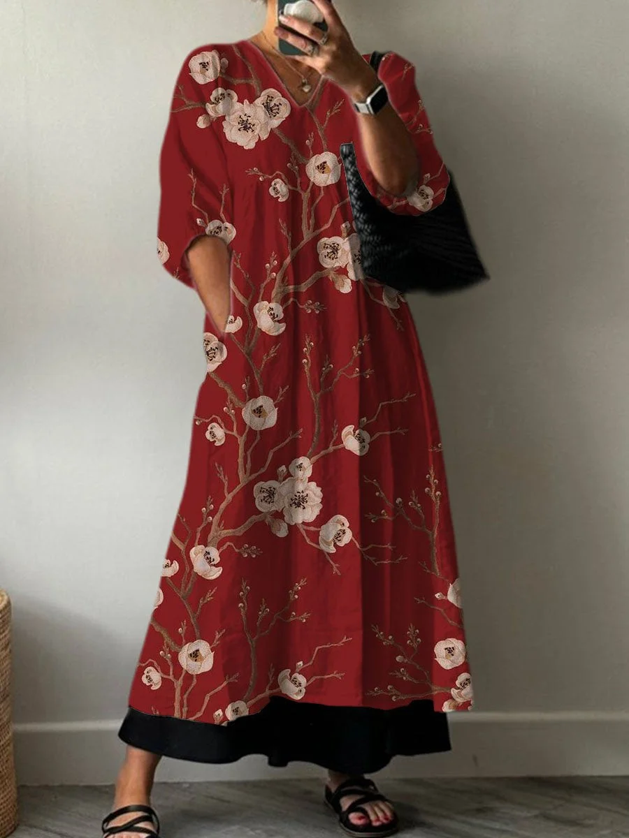Women's  Boho Vintage Floral Print Pocket V-neck Cotton Dress