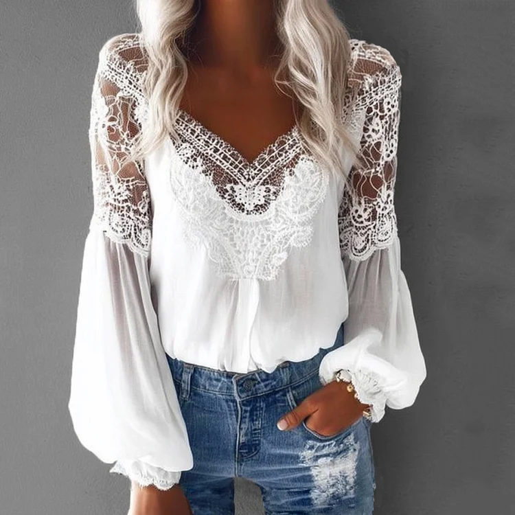 Ursime Hollow Lace Lantern Sleeve V Neck Blouse